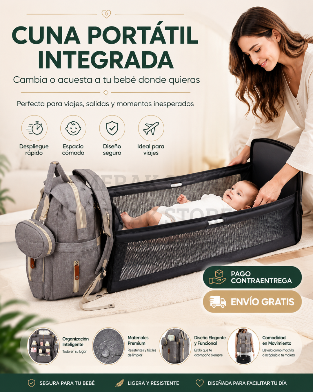 Bolso Pañalera Multiusos Con Cuna Portátil